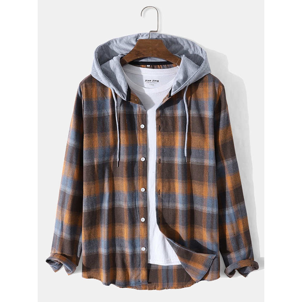 Men Plaid Contrast Button Front Casual Long Sleeve Hooded Shirts - Grey S