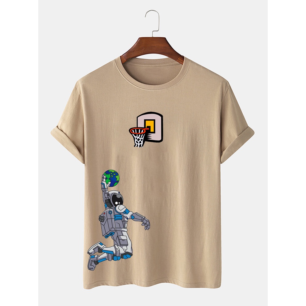 Mens Astronaut Shooting Cartoon Print Crew Neck Short Sleeve T-Shirts - Black M