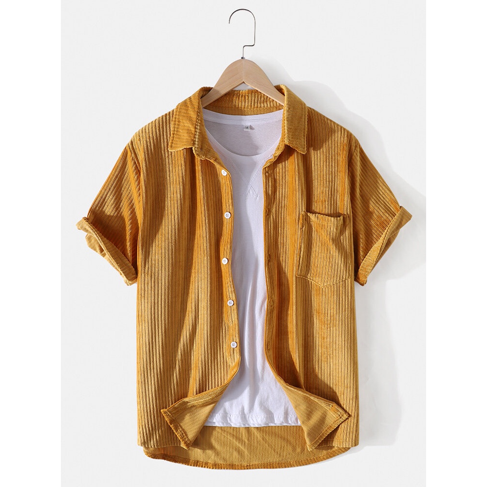 Mens Solid Color Corduroy Texture Lapel Short Sleeve Design Shirts With Pocket - Yellow XL