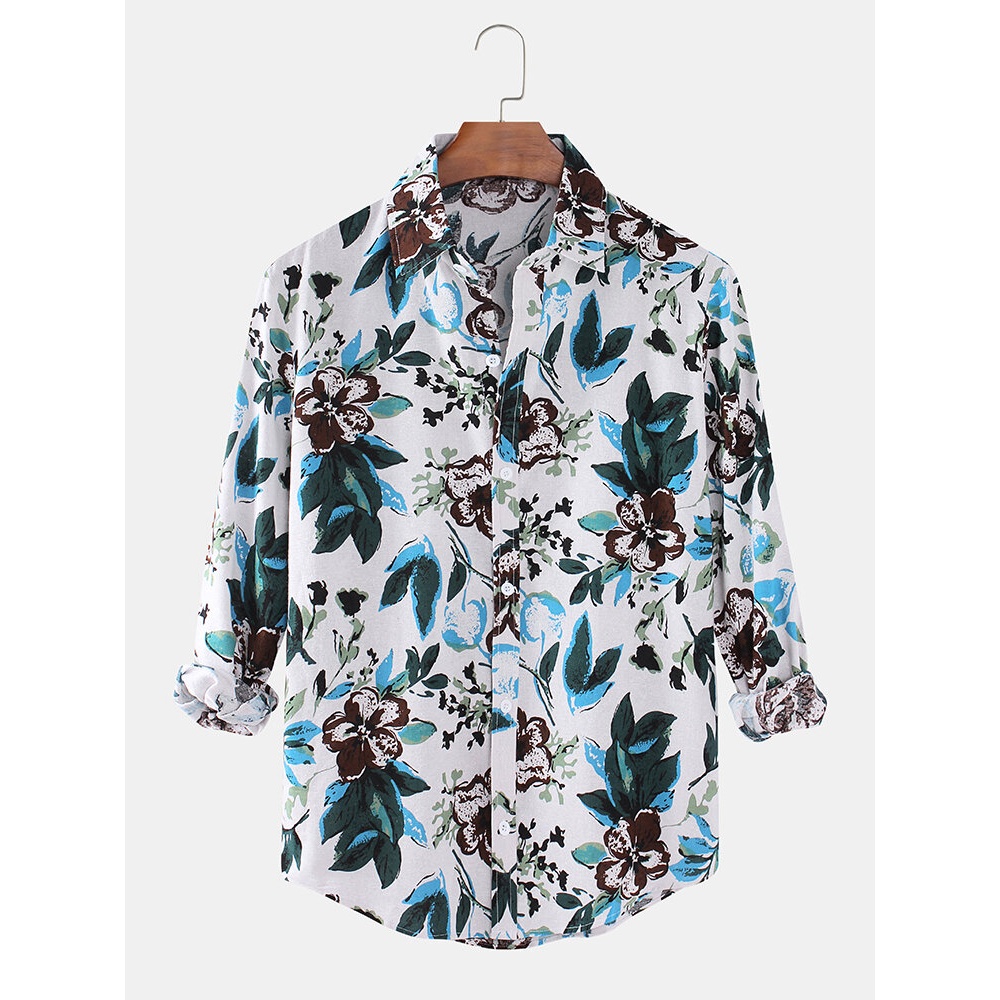 Design Plant Floral Print Long Sleeve Casual Cotton Shirts For Men - White L