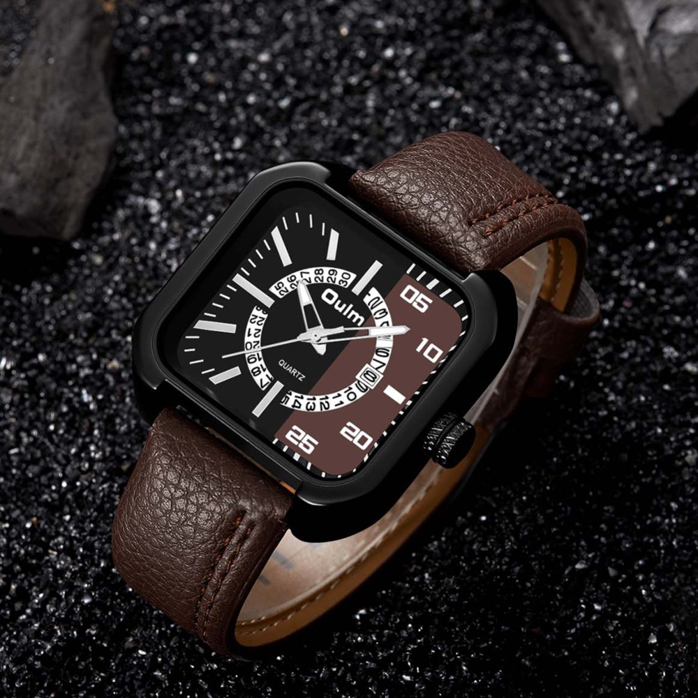 Oulm Men Unique Square Date Clock Casual Business Leather Strap Quartz Watch - Coffee Color - Image 3