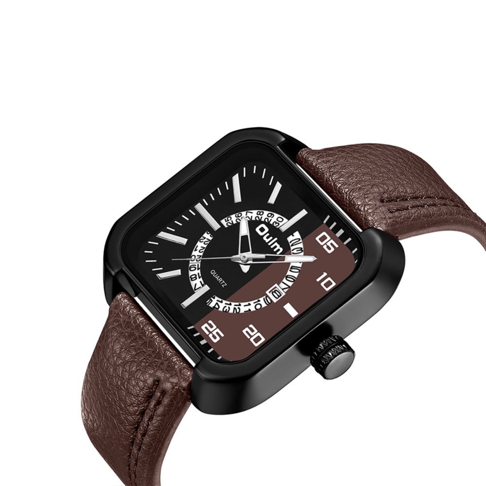 Oulm Men Unique Square Date Clock Casual Business Leather Strap Quartz Watch - Coffee Color - Image 2