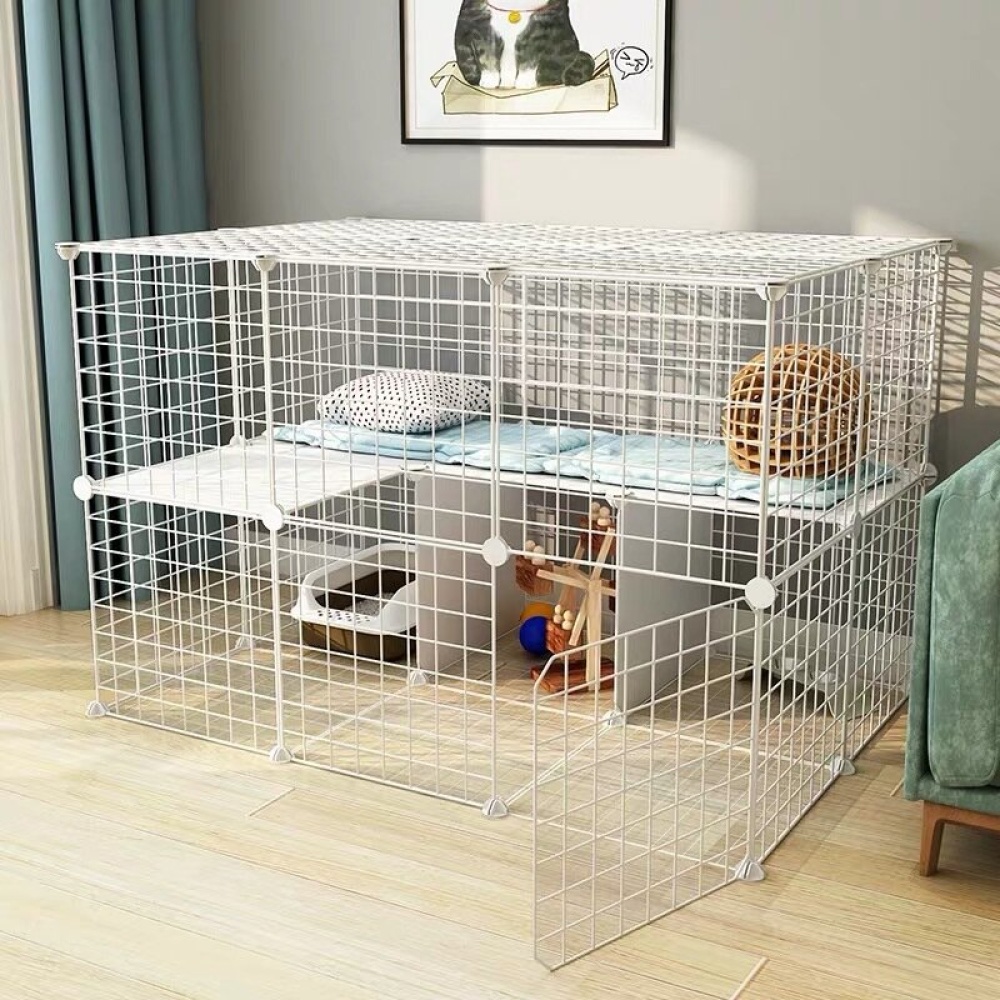 Pet Iron Fence House Foldable DIY Playpen Iron Fence Kennel Exercise Training Space For Cat Dog - With door White - Image 2