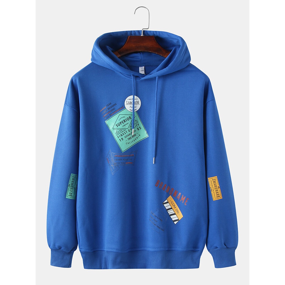 Mens Tab Print Simple DropShoulder Long Sleeve Drawstring Hoodies - Blue L