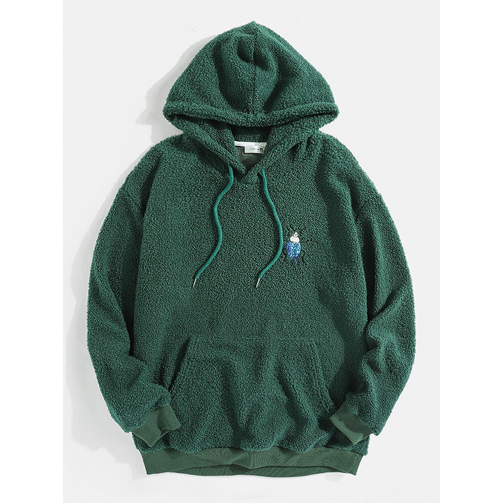 Mens Chest Embroidered Pouch Pocket Teddy Drawstring Hoodies - Green S