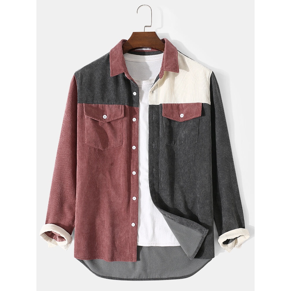 Men Corduroy Plaid Patchwork Color Block Turn Down Collar Long Sleeve Casual Shirts - Grey S