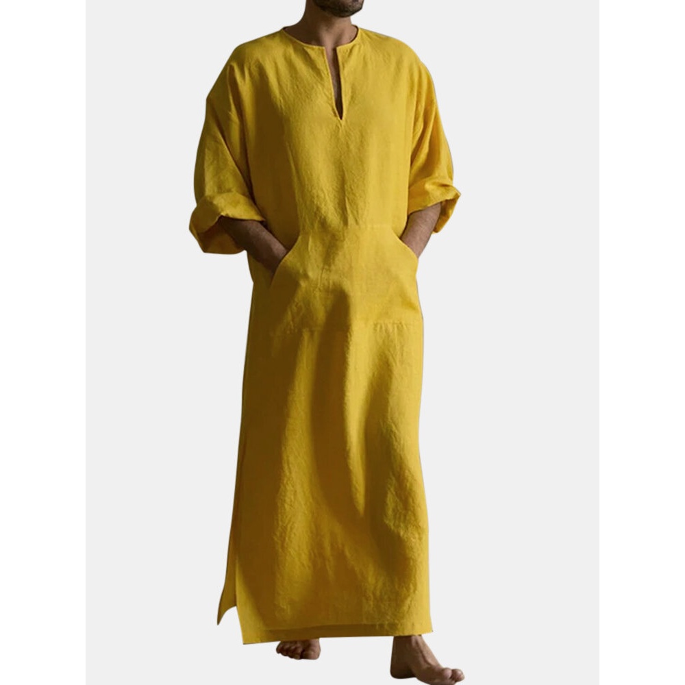 Mens Mustard Set Cotton Crew Neck Neckline Slit 3/4 Length Sleeve Long Length Gown Shirts - Yellow M
