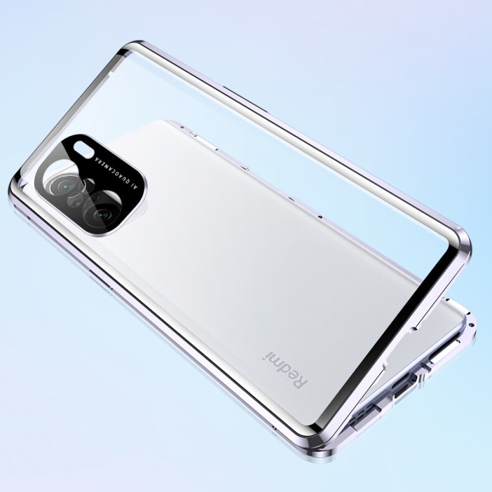 for POCO F3 Global Version Case 2 in 1 with Lens Protector Magnetic Flip Double-Sided Tempered Glass Metal Full Cover Protective Case - Silver - Image 2