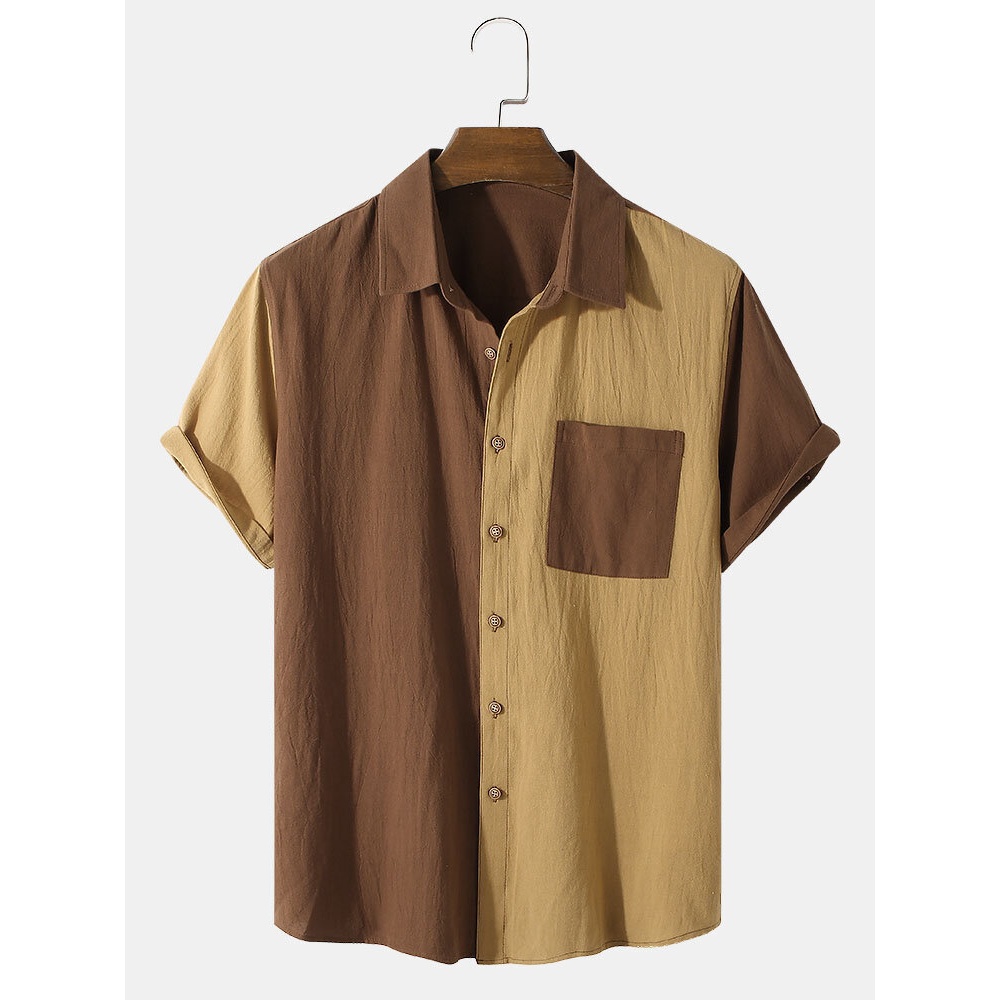 Mens Casual 100% Cotton Lapel Collar Pocket Shirts - Coffee S