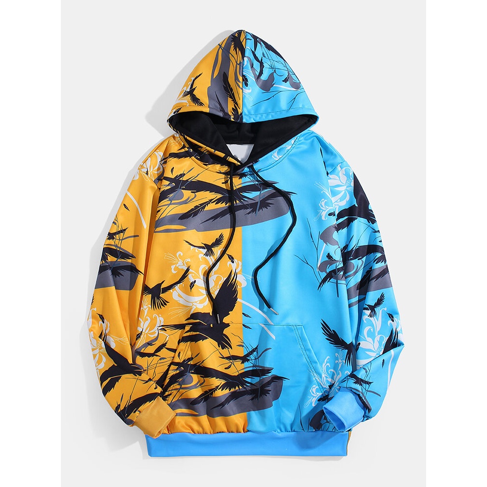 Mens Design Bird Print Colorblock Long Sleeve Hoodies With Kangaroo Pocket - M Yellow