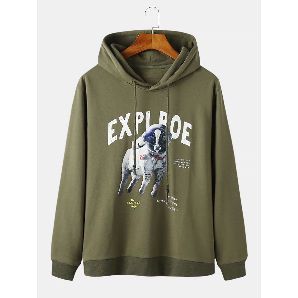 Mens Funny Space Dog EXPLORE Print Long Sleeve Hoodies - White M