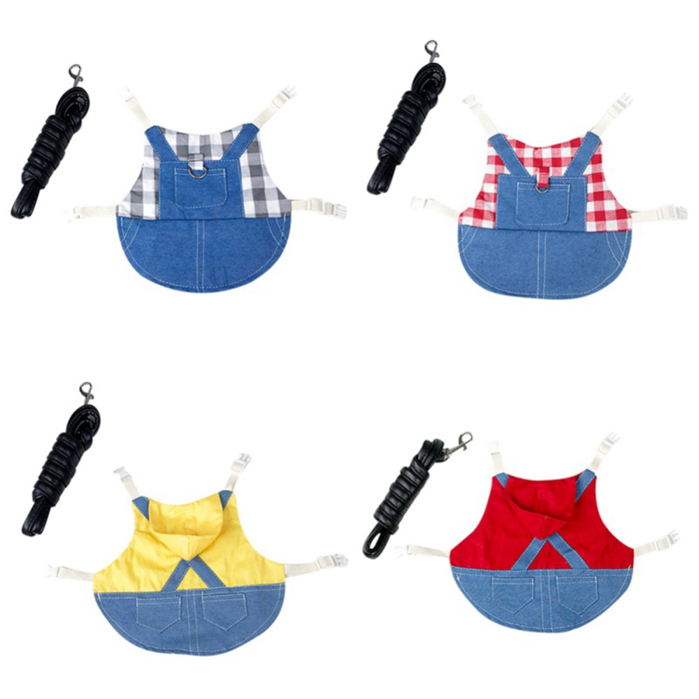 Denim Jacket Coat With Harness Leash Costume Clothes Pet Supplies For Rabbit Guinea Pig Hamster M size _Red Plaid - Image 3