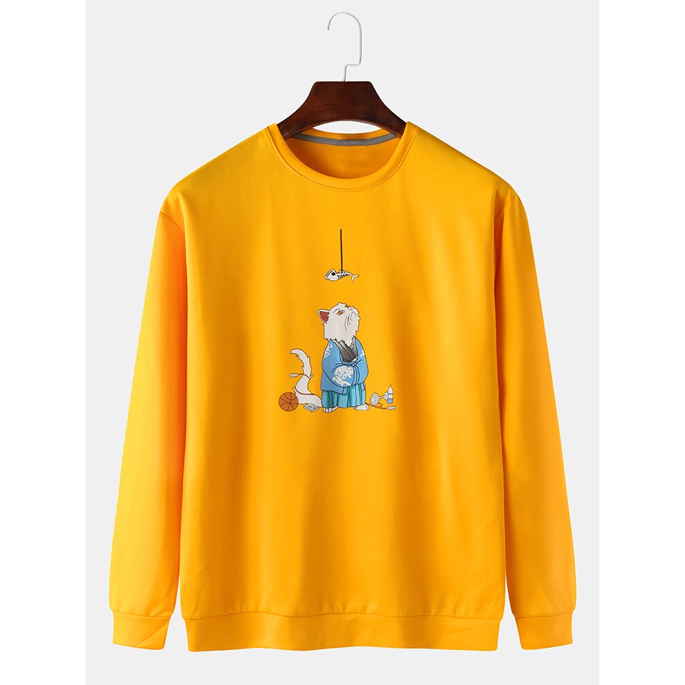 Mens Cute Cat Print Rpund Neck Cartoon Pullover Long Sleeve Casual Sweatshirts - Blue S