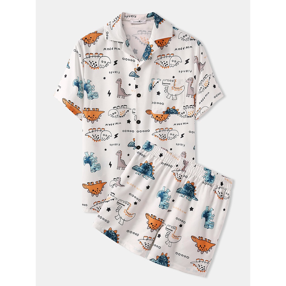 Mens Cute Cartoon Dinosaur Print Revere Collar Loose Casual Two Piece Pajama Set - White M