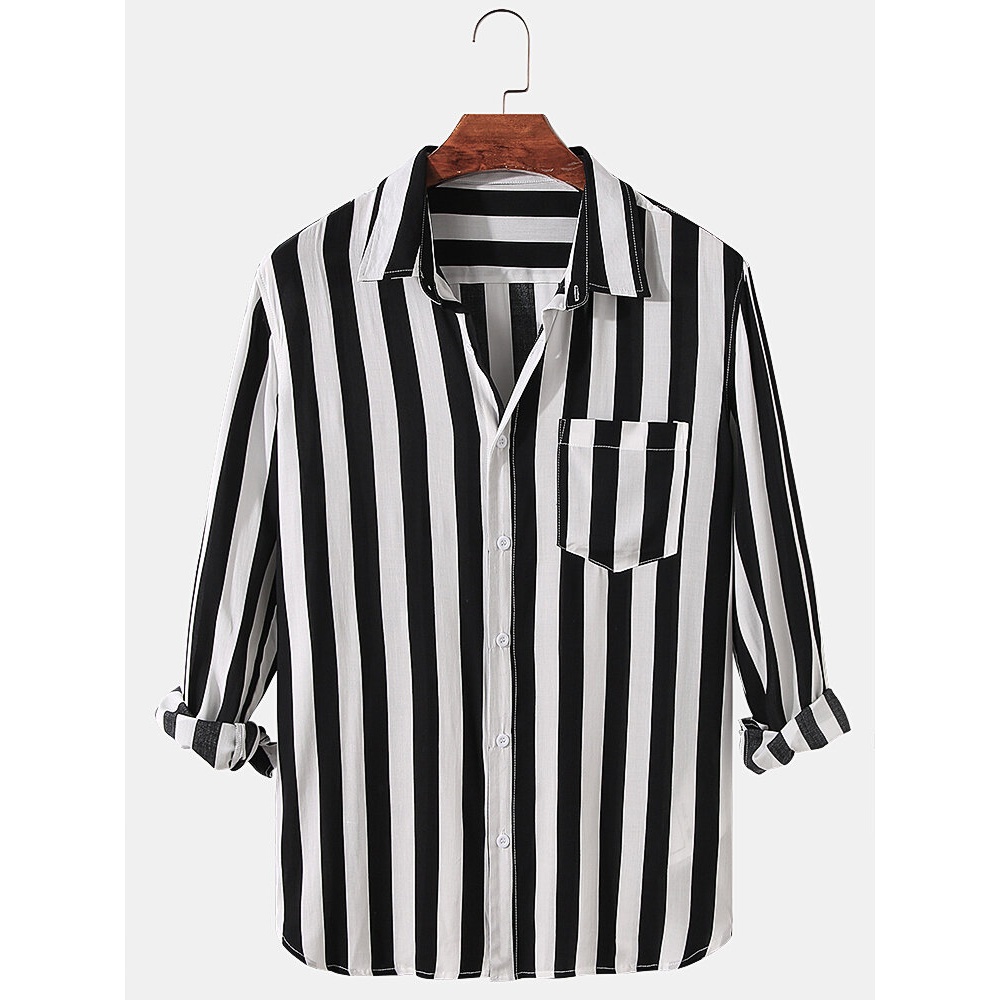 Mens Vertical Stripes Chest Pocket Long Sleeve Casual Shirts - Black XL
