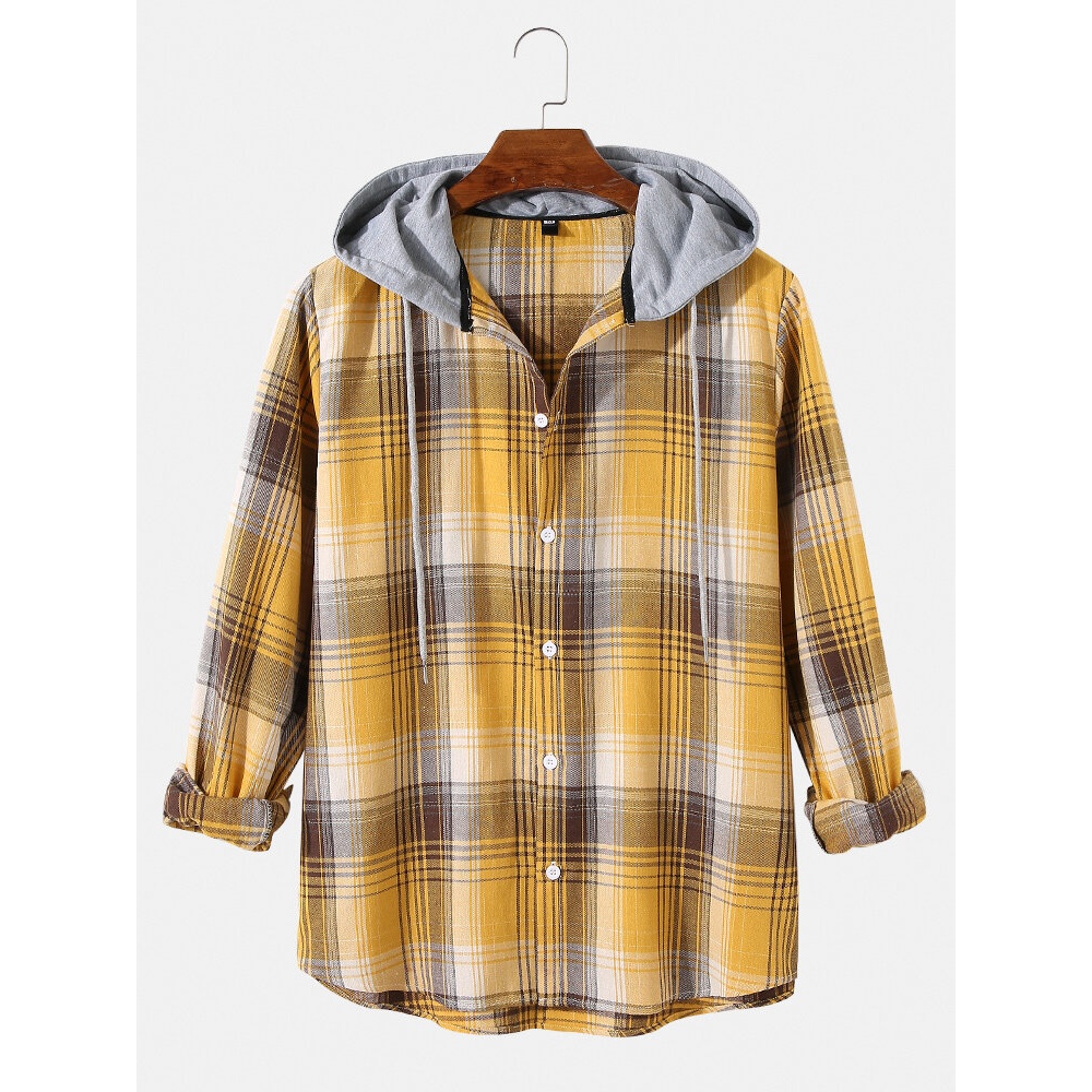 Mens Simple Plaid Drawstring Hooded Long Sleeve Casual Shirts - Yellow S