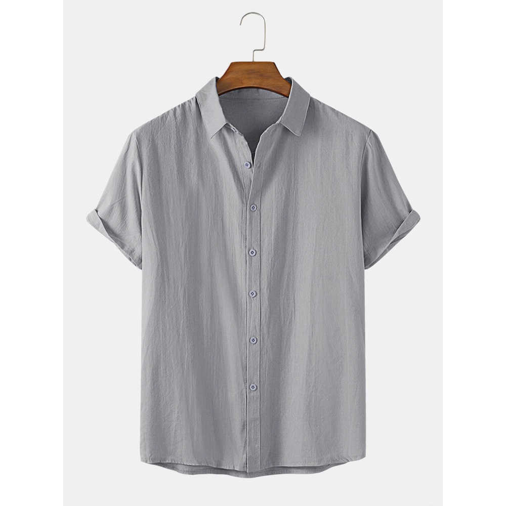 Mens Cotton Breathable Solid Color Short Sleeve Lapel Collar Shirts - White M