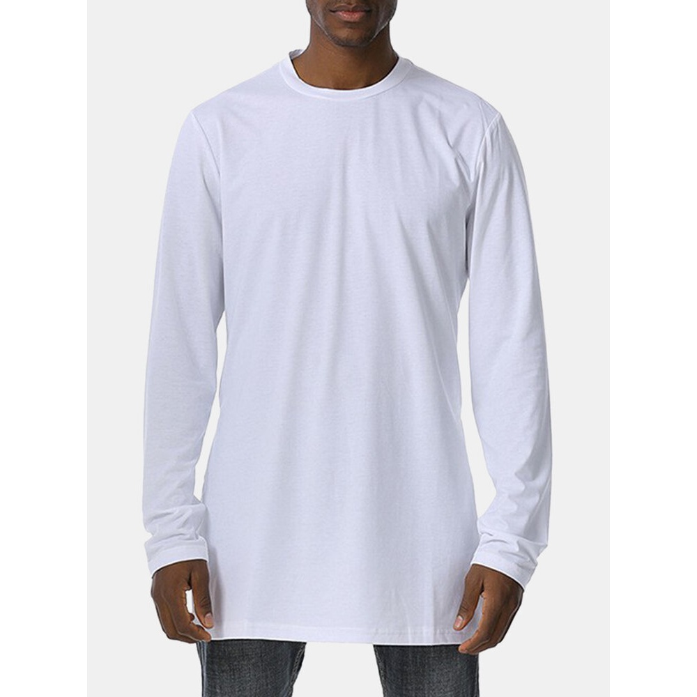 Mens Solid Color Round Neck Side Split Long Sleeve Casual T-Shirts - White S