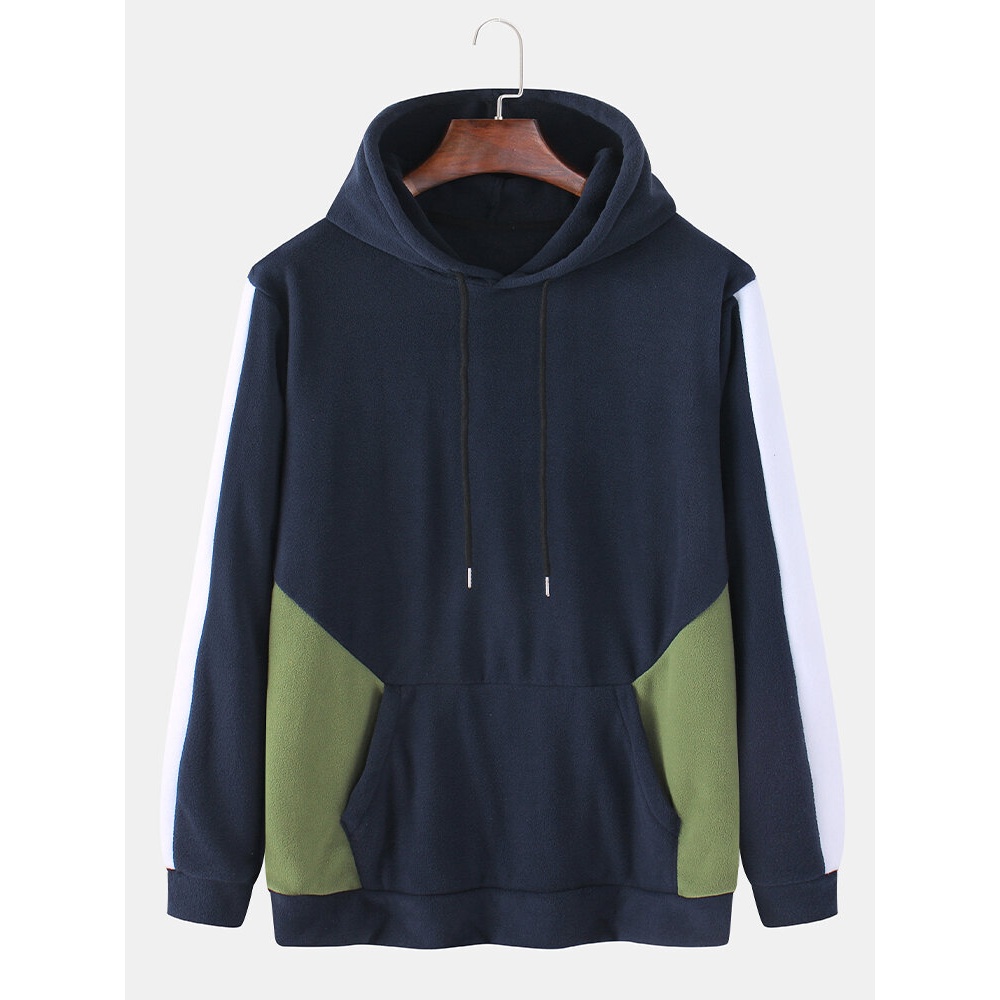 Mens Design Patchwork Solid Color Long Sleeve Drawstring Hoodies With Pocket - Black XL