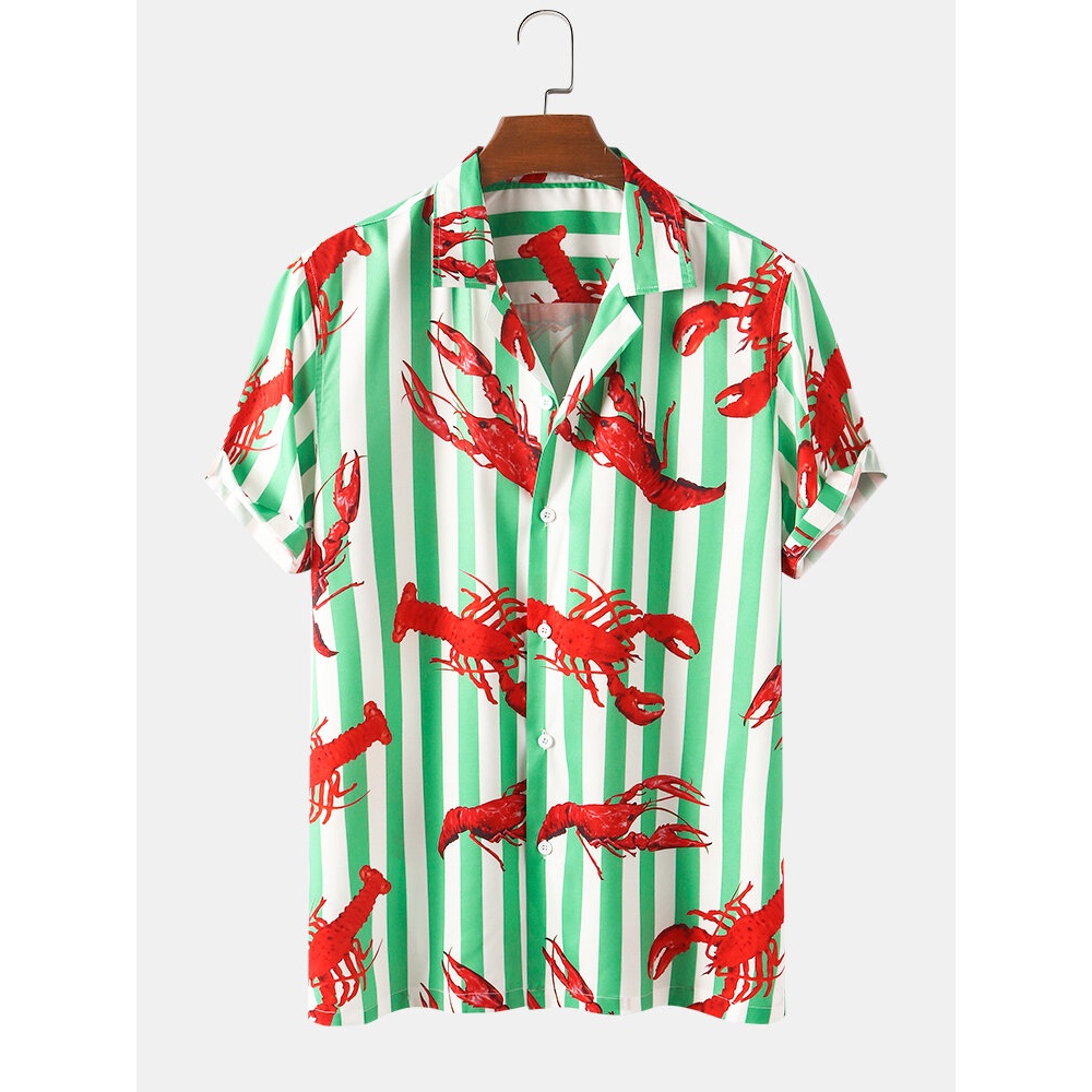 Mens Striped Crayfish Print Turn Down Collar Short Sleeve Shirts - Green S