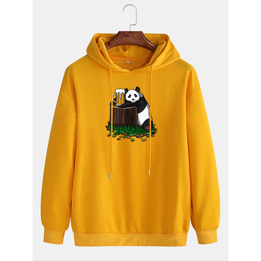 Mens Cotton Panda Print Drop Shoulder Casual Drawstring Hoodies - Black L