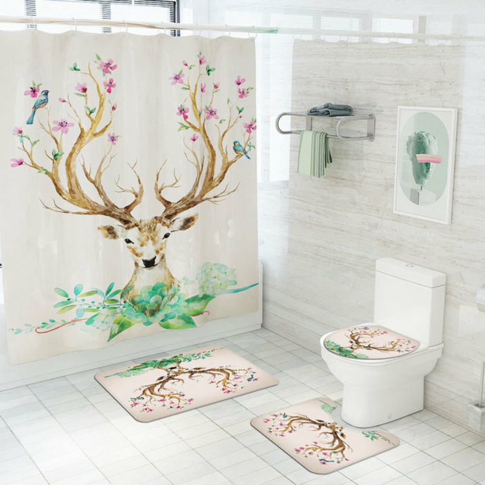 Elk Flower Printing Shower Curtain Floor Mat Four-Piece Combination Bathroom Mat Set - Type C