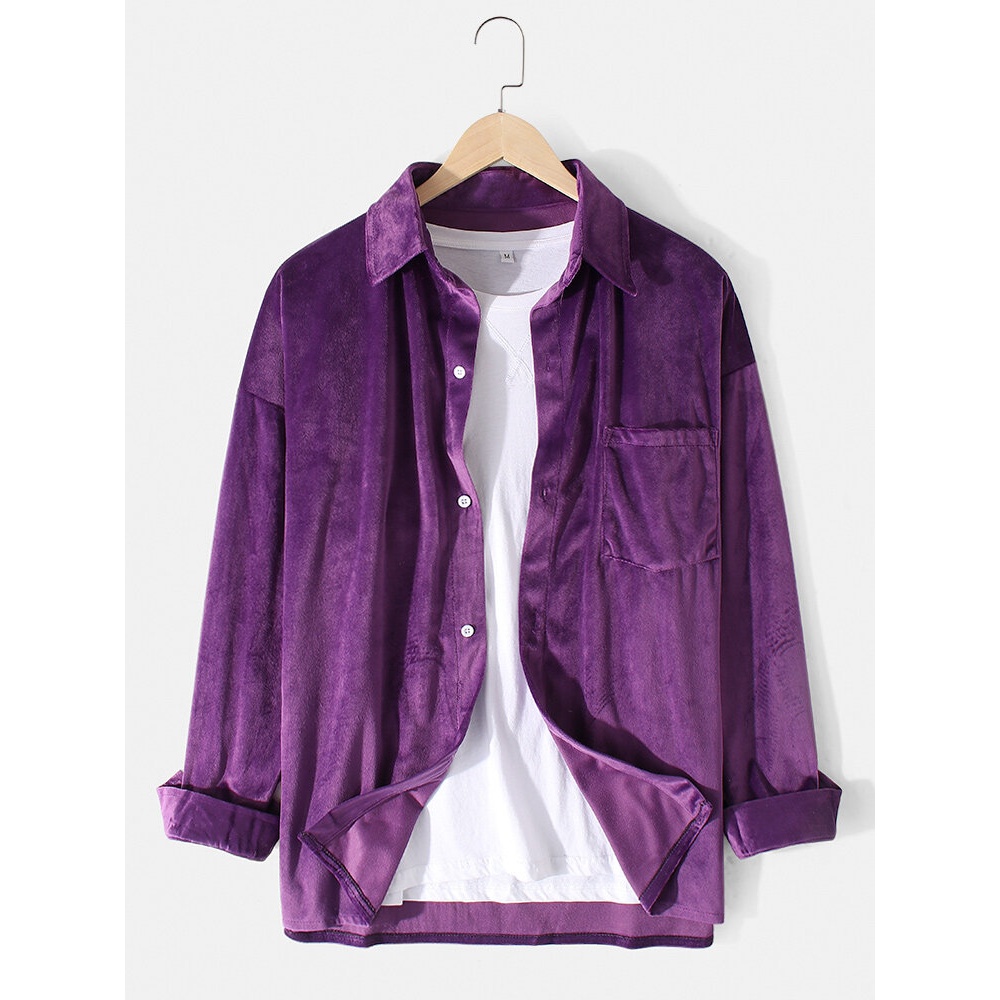 Mens Solid Color Velvet Drop Shoulder Loose Long Sleeve Shirts With Pocket - Purple 3XL