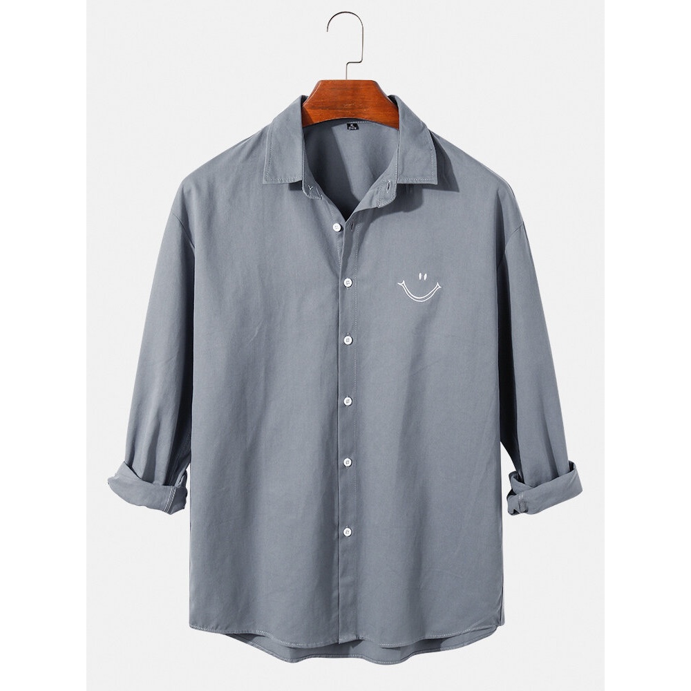 Mens Solid Smile Face Embroidery Cotton Lapel Button Up Long Sleeve Shirts - White S