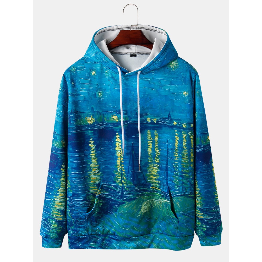 Mens All Over Landscape Painting Print Drawstring Overhead Hoodies - Blue L