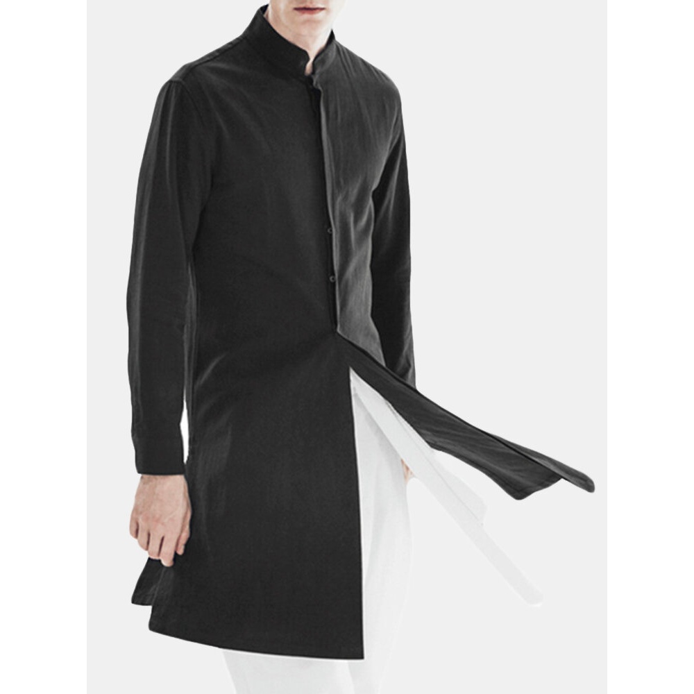 Men Vintage Mid-long Stand Collar Chinese Style Casual Shirt - XL Black