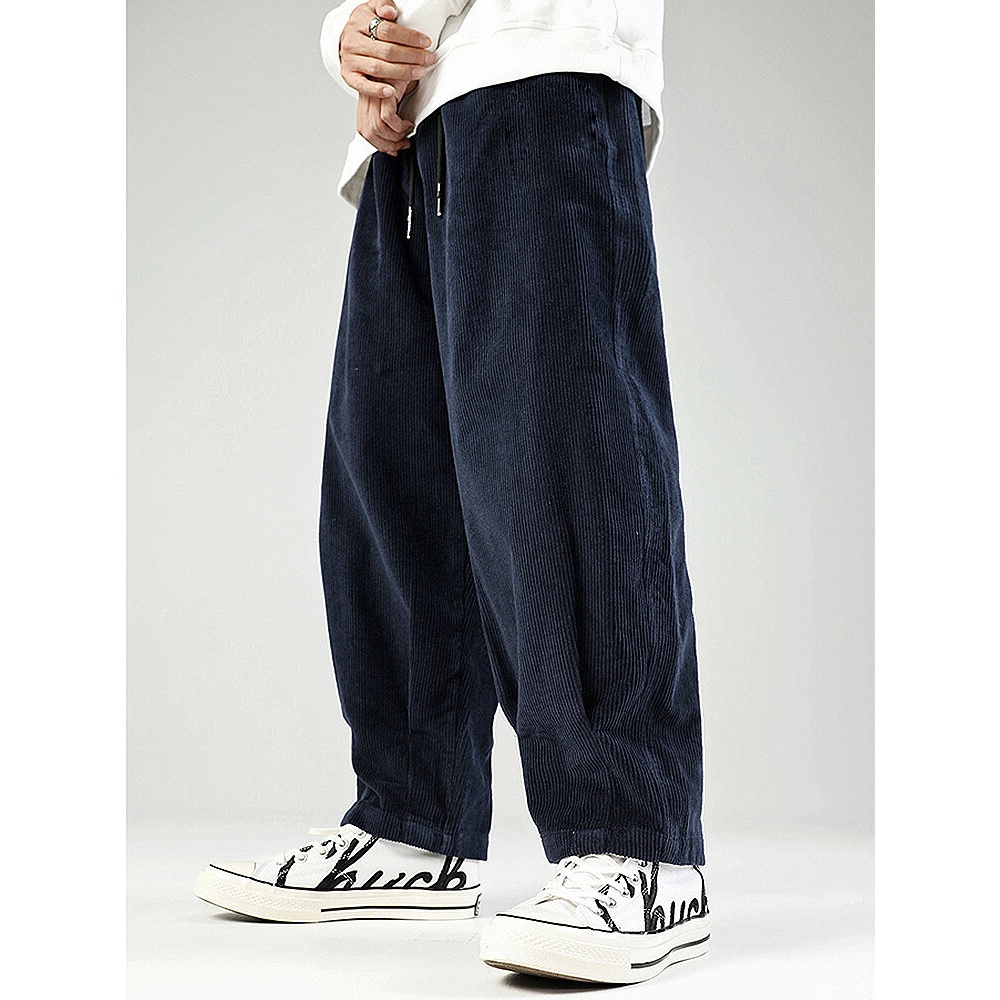 Mens Corduroy Drawstring Casual Wide Leg Pants With Pocket - Navy S