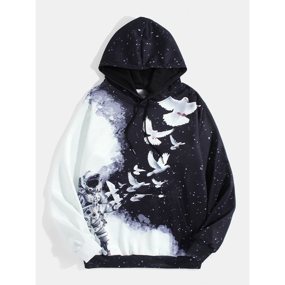 Mens 3D Pigeon & Starry Sky Print Design Drawstring Hoodies With Kangaroo Pocket - S Black