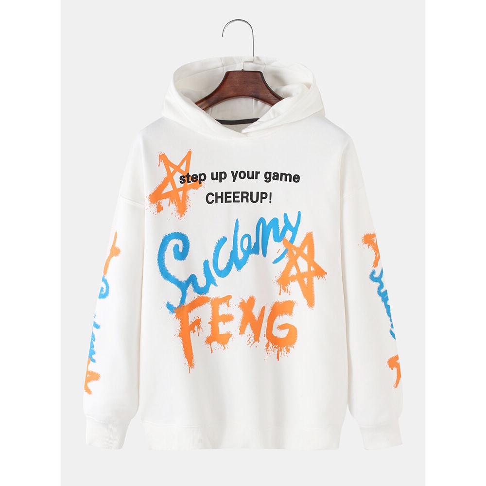 Mens Graffiti Letter Print Cotton Drop Shoulder Long Sleeve Casual Hoodies - Grey S