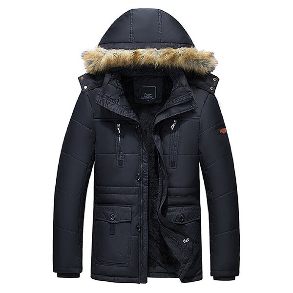 Men Winter Wark Thick Fleece Warm Furry Hooded Outdoor Jacket Parkas - S Khaki