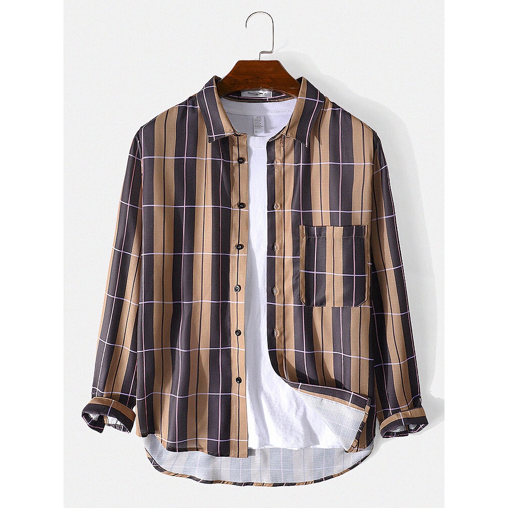 Mens Vintage Striped Plaid Print Button Lapel Long Sleeve Shirt - Khaki S