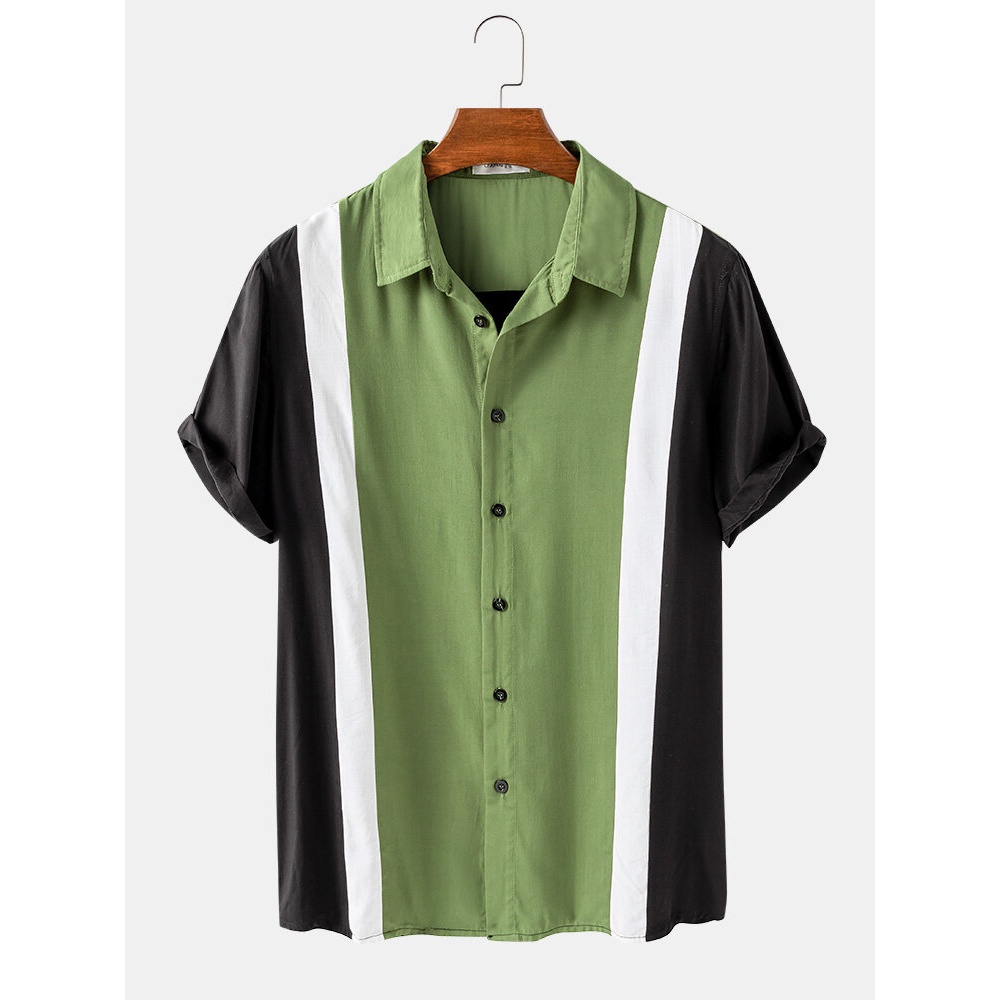 Mens Casual Solid Color Patchwork Lapel Collar Short Sleeve Shirts - Yellow M