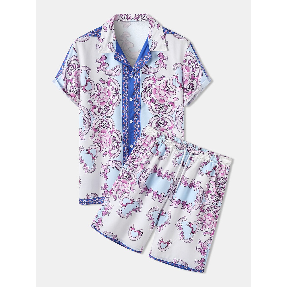 Mens Baroque Style Print Flowers Print Suit Casual Shirts Shorts - Blue S