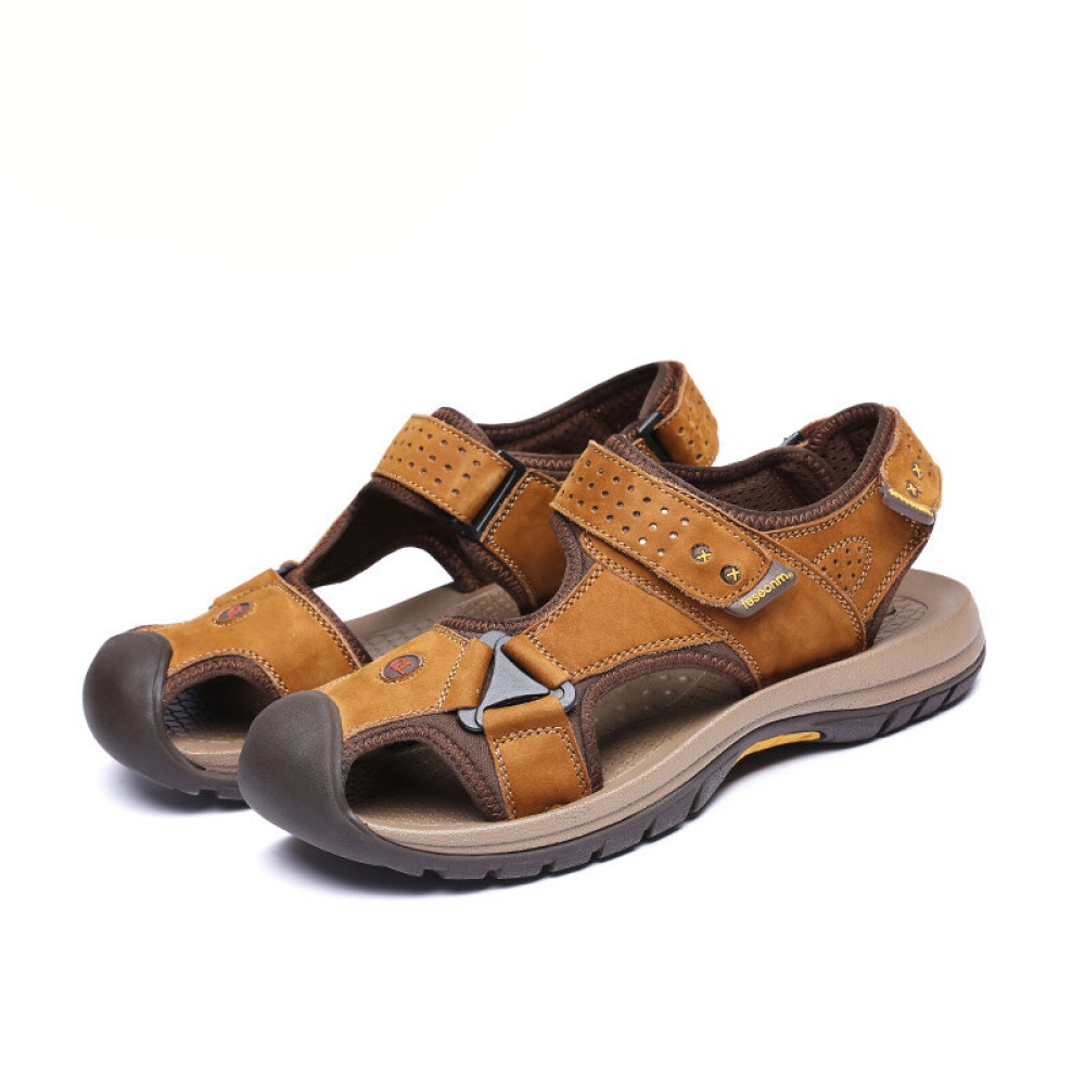 TK-50 Summer Men Genuine Leather Cowhide Beach Shoes Casual Suede Leather Sandals Slippers - 8.5 Coffee