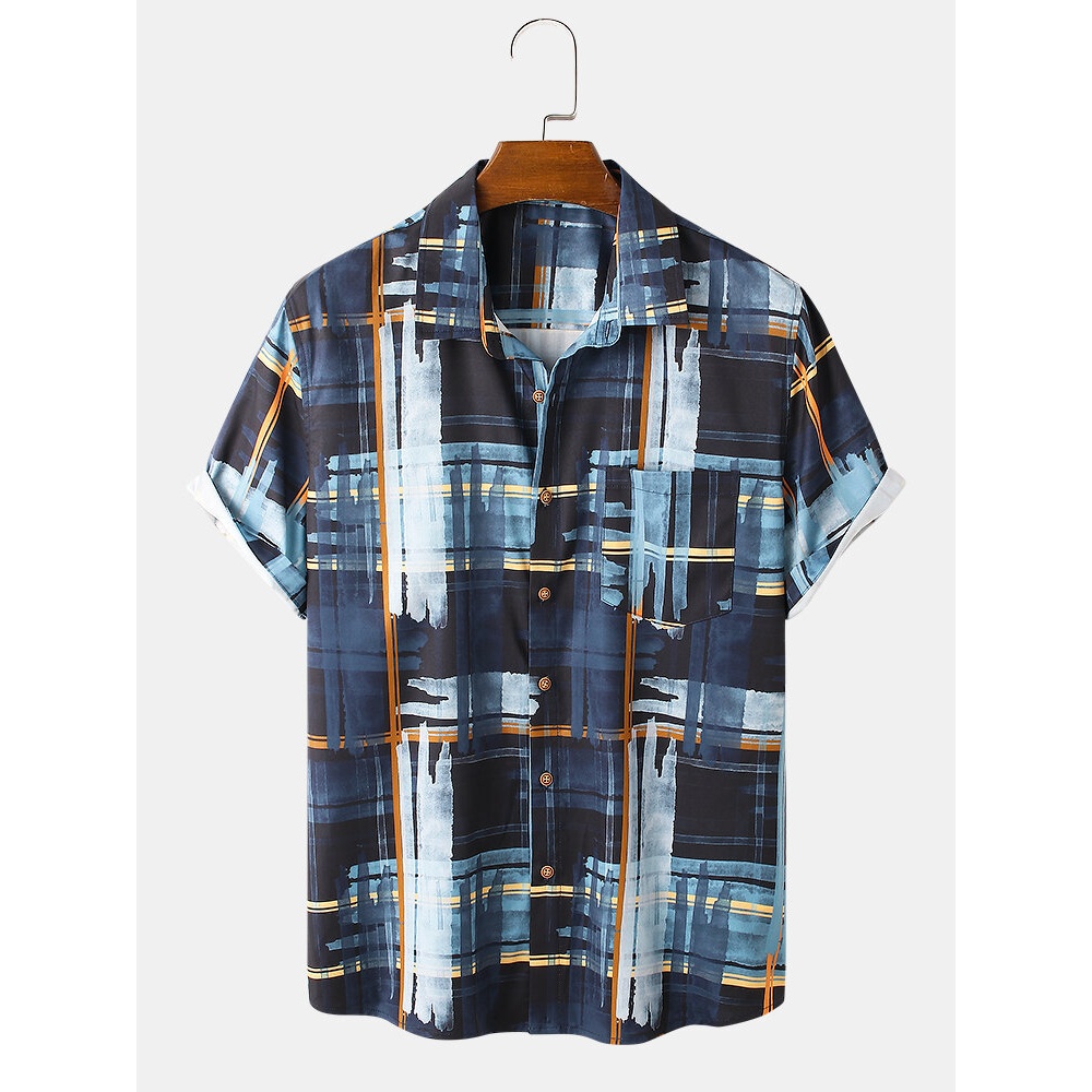 Mens Preppy Style Plaid Striped Pocket Casual Shirts - Blue S