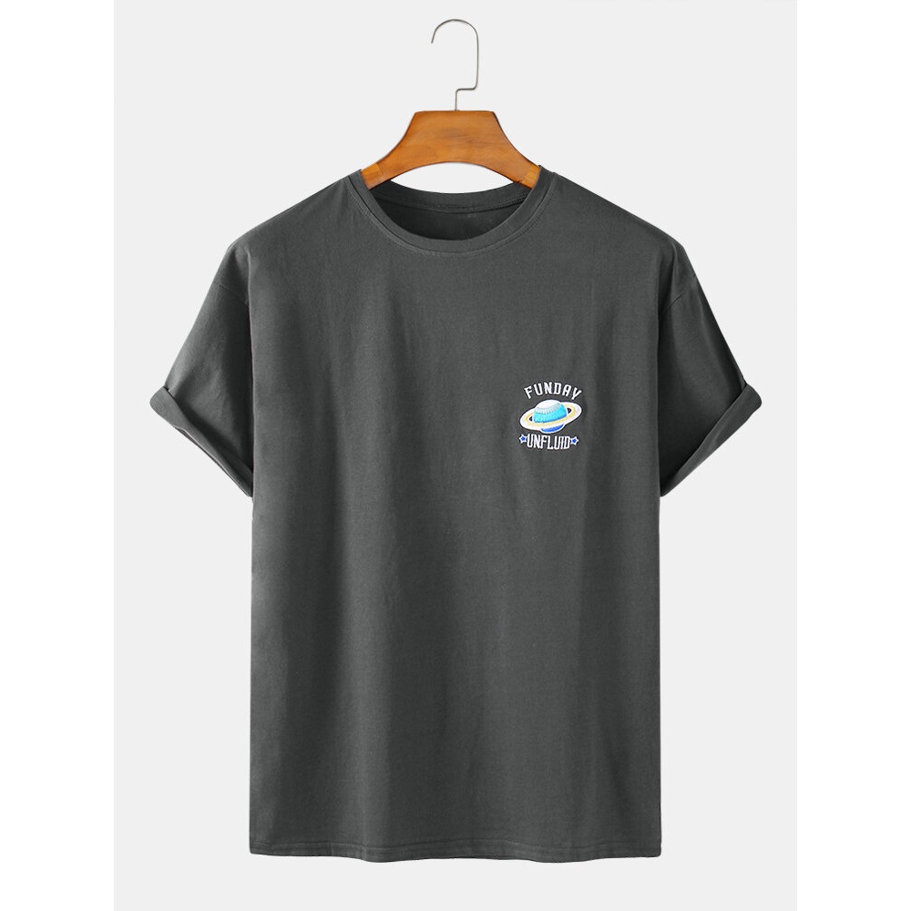 Mens Planet Letter Embroidery Cotton Round Neck Casual Short Sleeve T-Shirts - White S