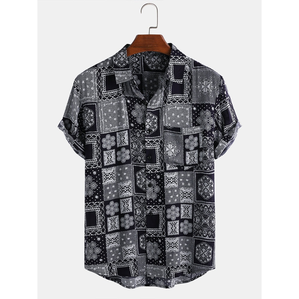Mens Ethnic Style Printing Plaid Breathable Turn Down Collar Casual Shirts - Grey 2XL