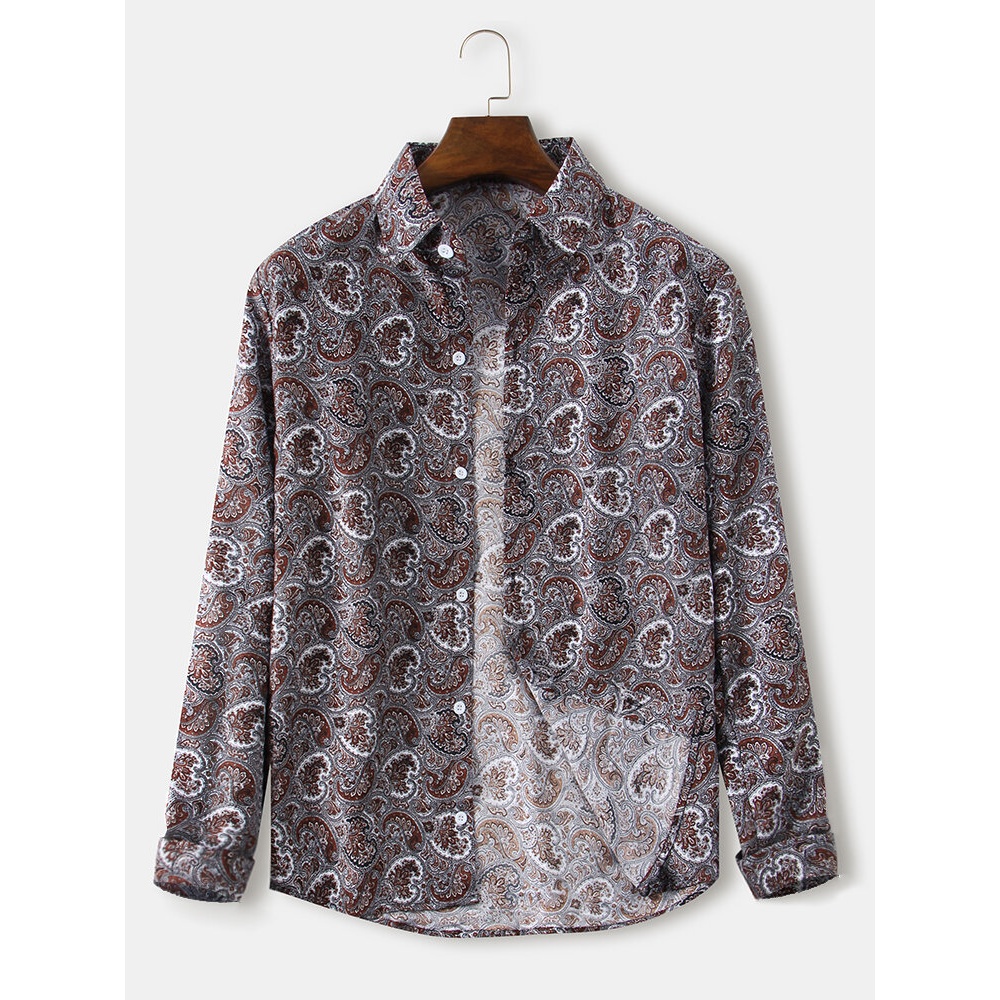 Ethnic Style Paisley Print Lapel Collar Long Sleeve Vintage Shirts - Red S