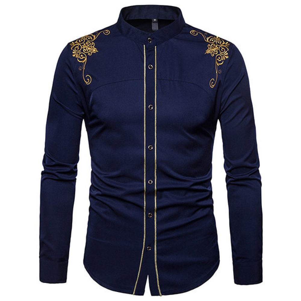 Chic Euramerica Palace Style Embroidery Slim Fit Band Collar Shirts for Men - S White