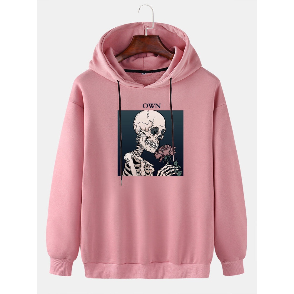 Mens Skeleton Rose Graphic Letter Print Casual Drop Shoulder Drawstring Hoodies - White S