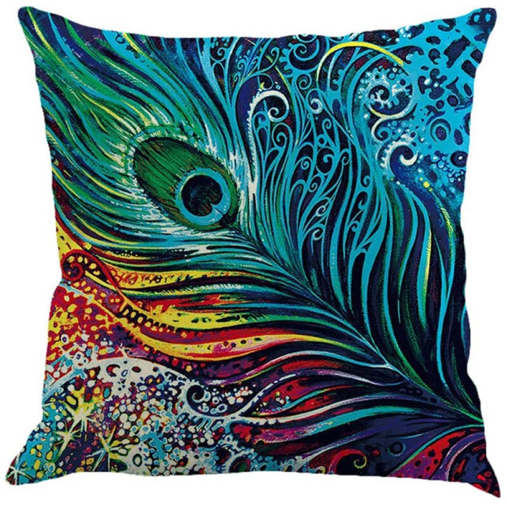 Linen Cushion Cover Peacock Feather Throw Pillow Case Home Sofa Cover - Type C
