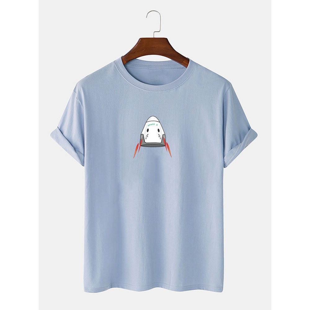 Mens 100% Cotton Spaceship Printed Round Neck Casual Short Sleeve T-Shirts - Blue M