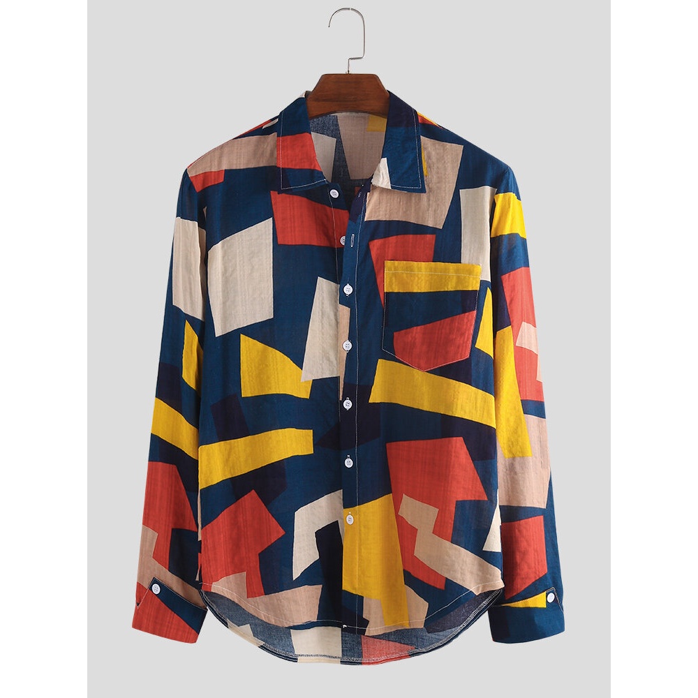 Color Block Printing Long Sleeve Pocket Casual Shirts - 3XL Green