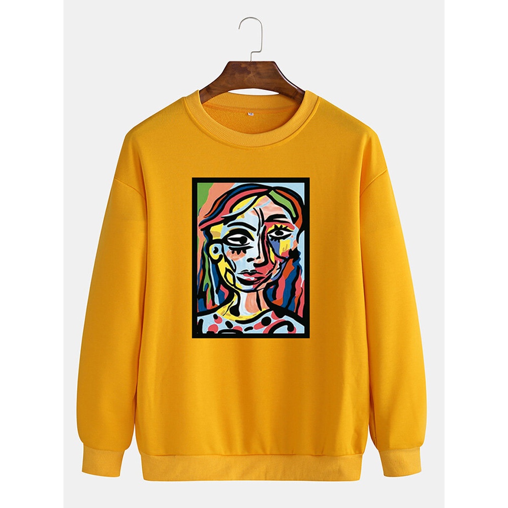 Cotton Mens Abstract Oil Painting Print Drop Shoulder Long Sleeve Casual Sweatshirts - Black S