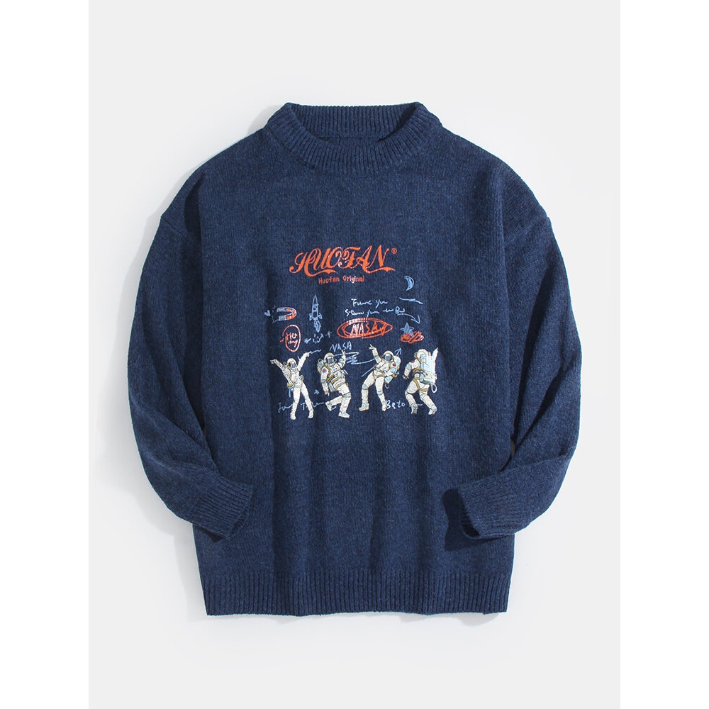 Mens Astronaut Letter Print Crew Neck Knit Casual Pullover Sweaters - Black M