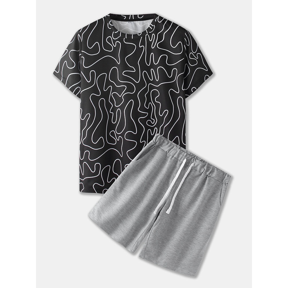 Mens Irregular Print Sets Short Sleeve Drawstring Shorts Casual Two Pieces - Black grey L
